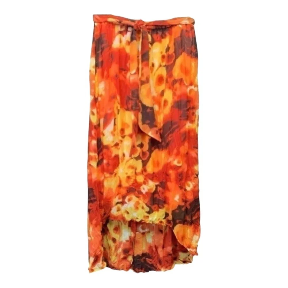 DS By Debbie Shuchat Skirt Size M Orange Floral Peasant High Low Crinkled Boho